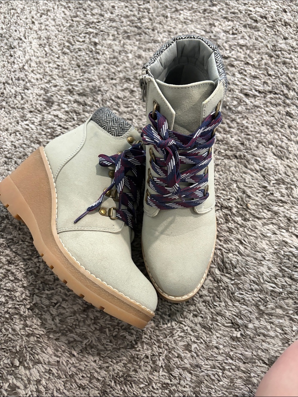 Maurices Cream Suede Lace-Up Wedge Boots with Patterned Laces